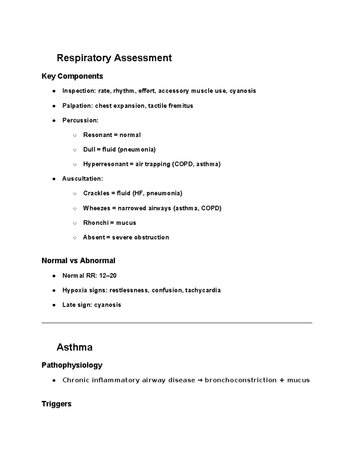 Respiratory Module: Key Assessment Components and Nursing Care - Studocu