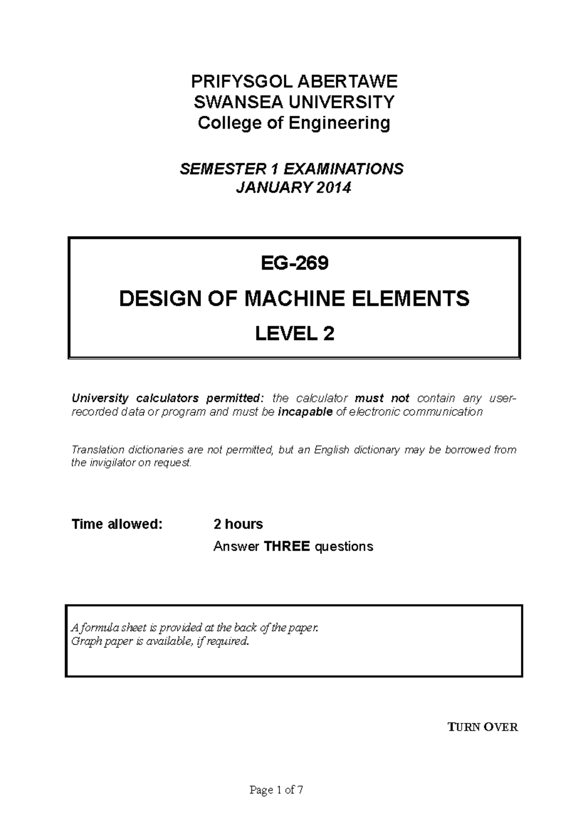 EG- Design of Machine Elements January 2014 Exam Questions - Studocu