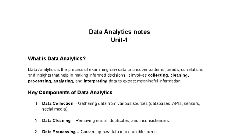 Data Analytics Unit-1 Notes: Key Concepts and Techniques - Studocu