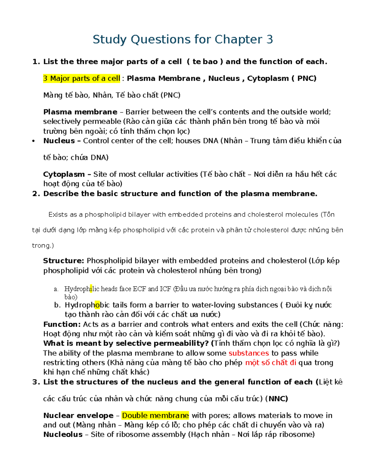 Study Questions for Chapter 3: Cell Structure and Function (BIO101 ...