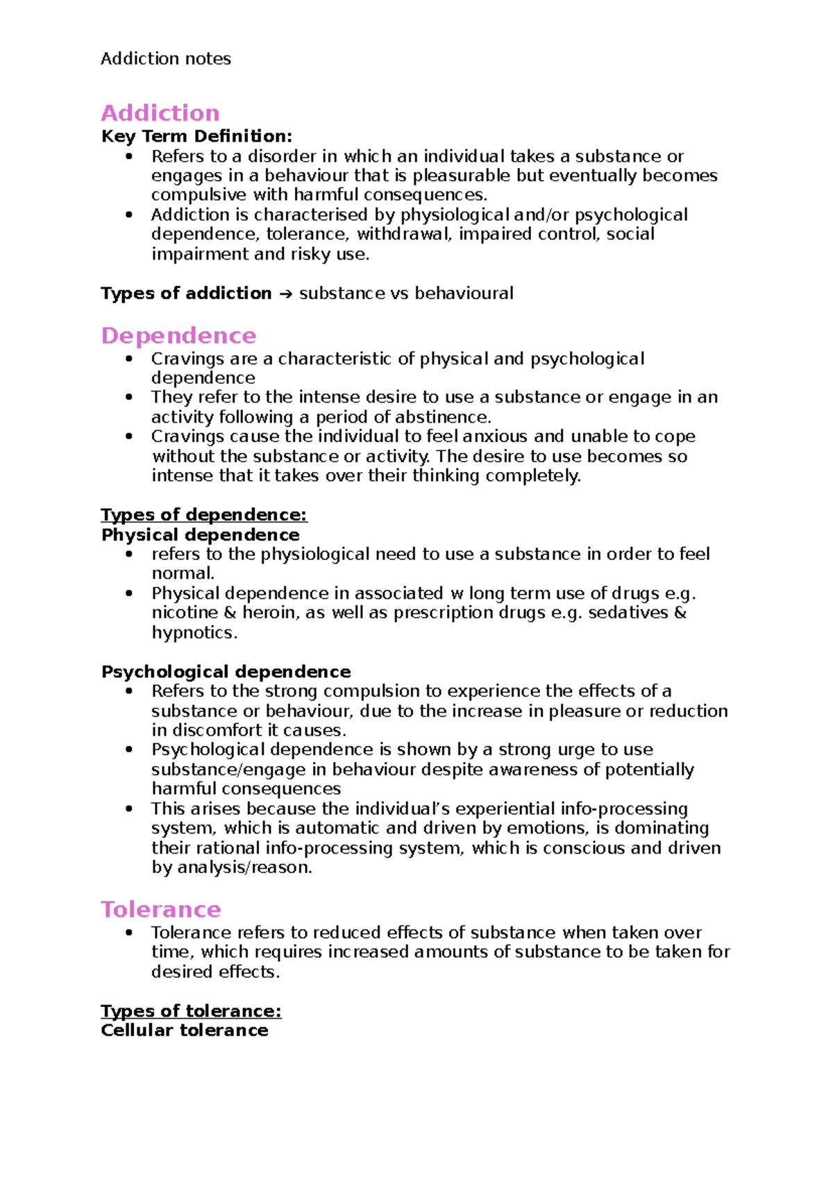 Addiction Notes: Key Concepts and Theories in Psychology (PSY101) - Studocu
