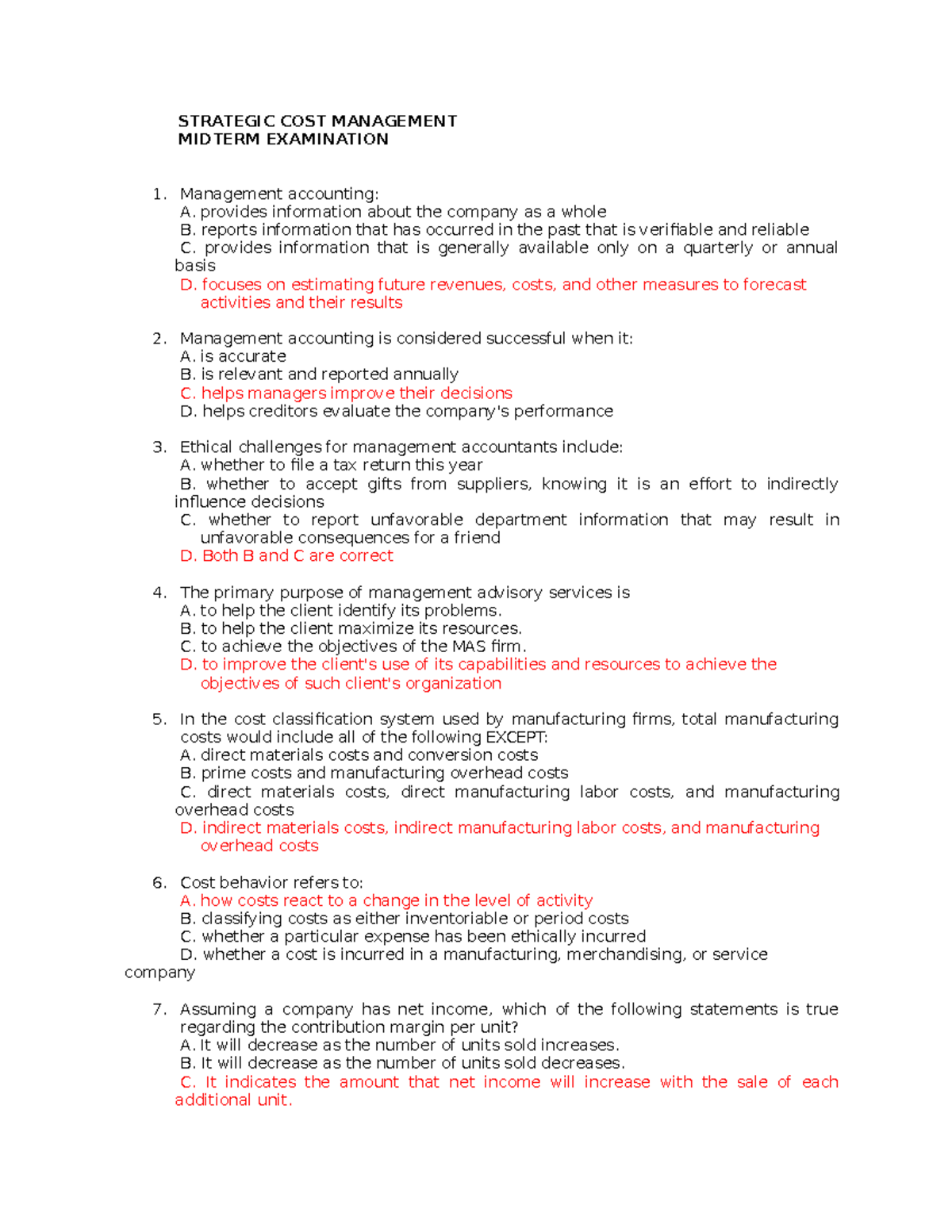 Strategic Cost Management Midterm Exam Review (COST 101) - Studocu