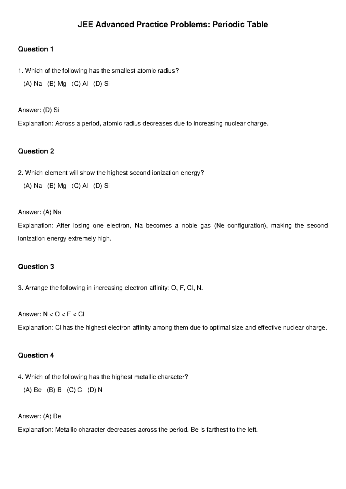 JEE Advanced Practice Problems: Periodic Table Insights and Questions ...