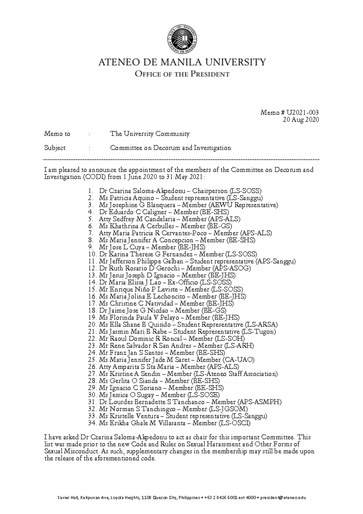 U2021-003 Memo: Committee on Decorum and Investigation Membership - Studocu