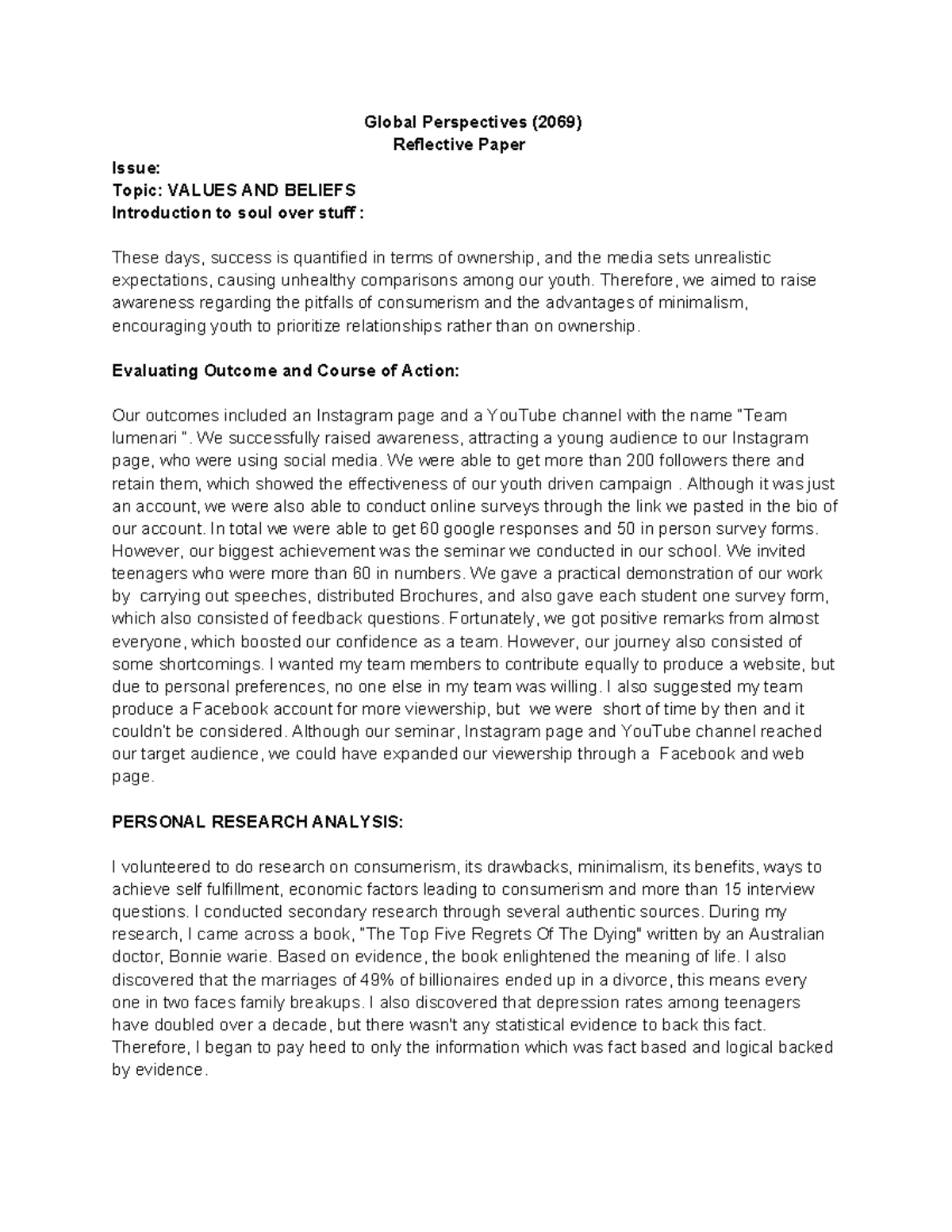 Global Perspectives (2069) Reflective Paper on Values and Beliefs - Studocu