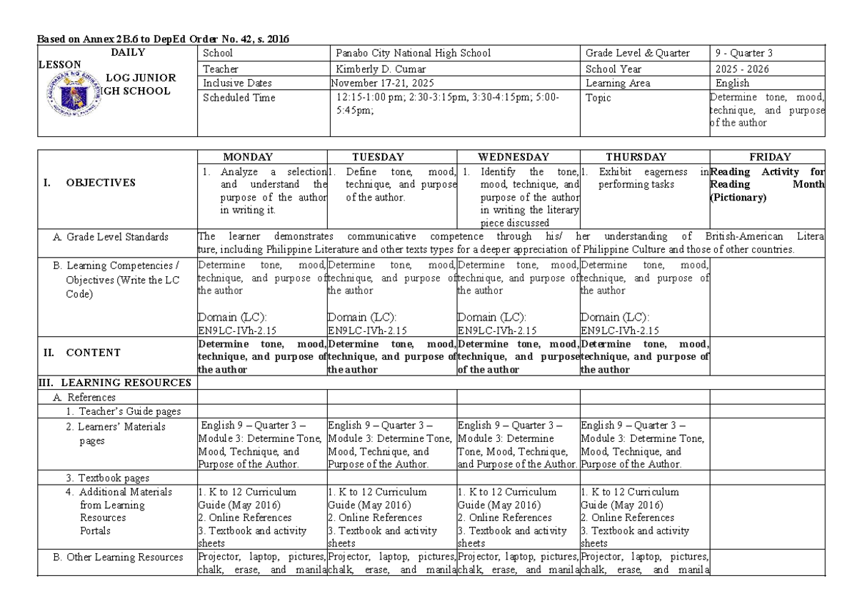 Cumar DLL English 9 Q3W3: Daily Lesson Log for High School - Studocu