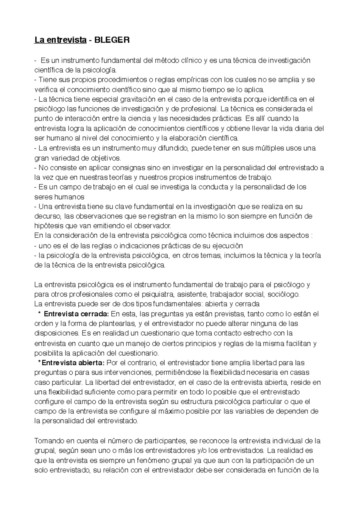 Entrevista Psicológica según Bleger: Tipos y Dinámicas en la Relación ...