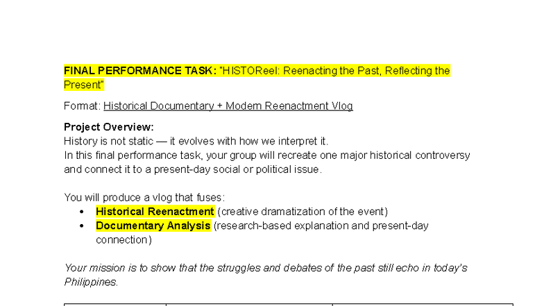 FINAL PERFORMANCE TASK: Historical Documentary Vlog Project - Studocu