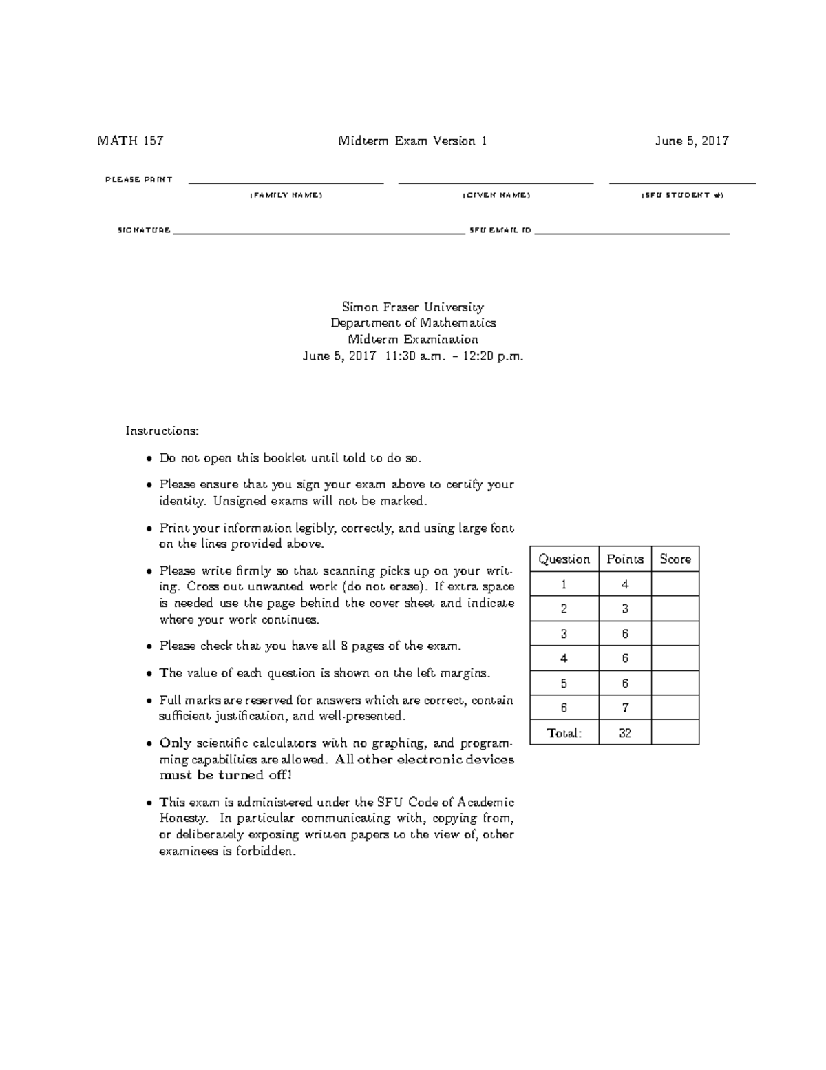 MATH157 Midterm 1 Exam June 5, 2017 - Complete Questions and Solutions ...