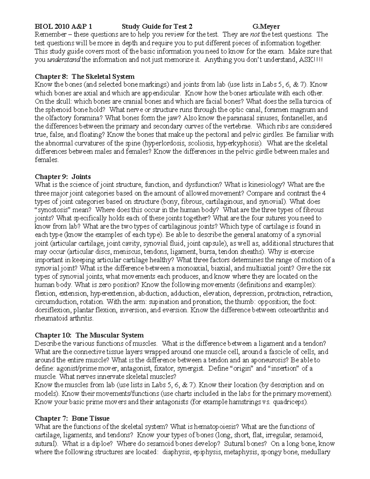 BIOL 2010 A&P 1 Study Guide for Test 2 - Studocu