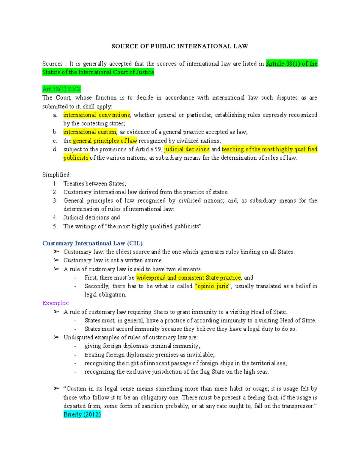 PIL 101: Final Notes on Sources of Public International Law - Studocu