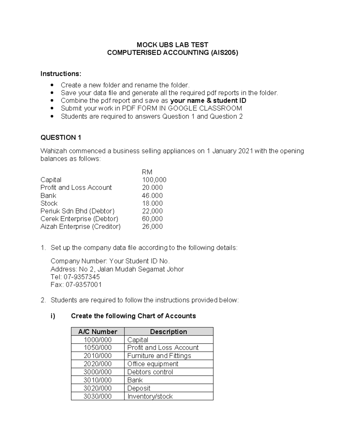 LAB TEST: COMPUTERIZED ACCOUNTING (AIS205) - 29 JAN 2022 - Studocu