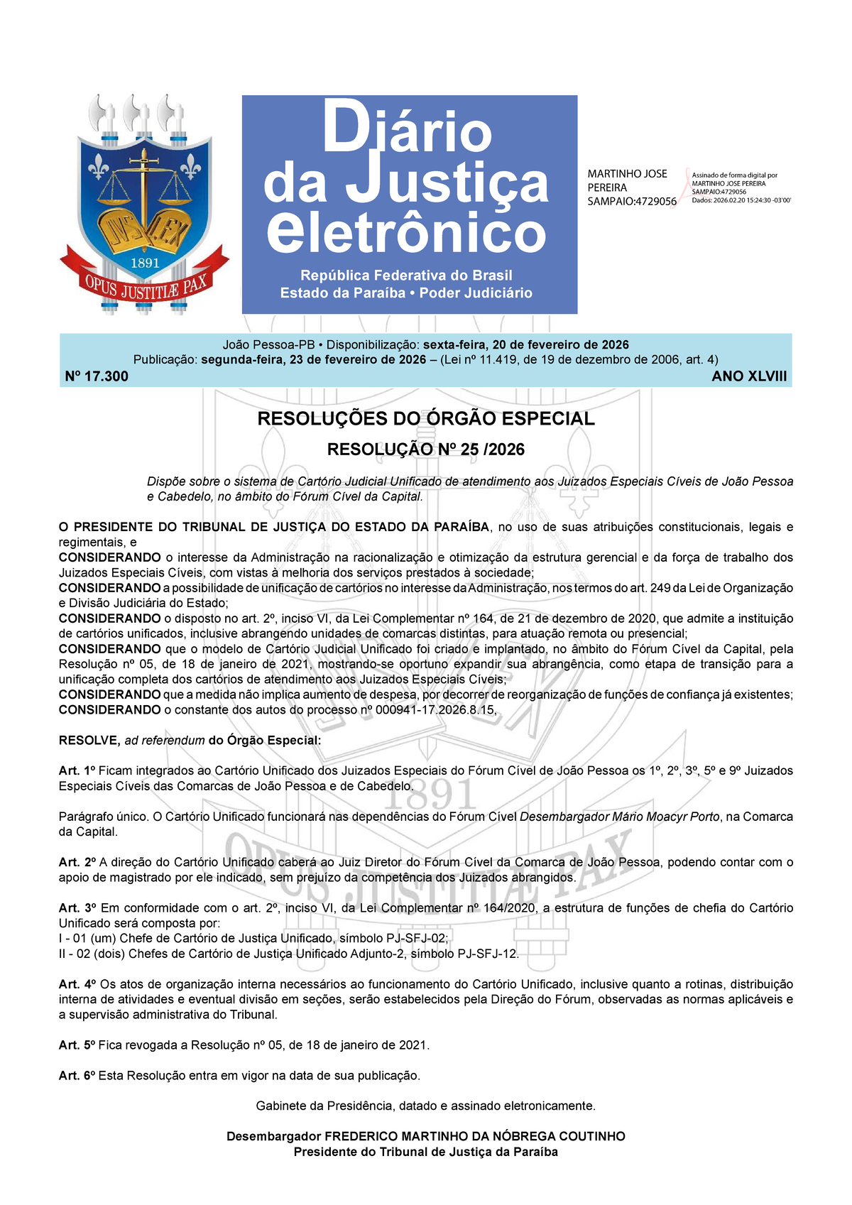 DIÁRIO DA JUSTIÇA ELETRÔNICO - Publicação de 23/02/2026 - Resoluções e ...