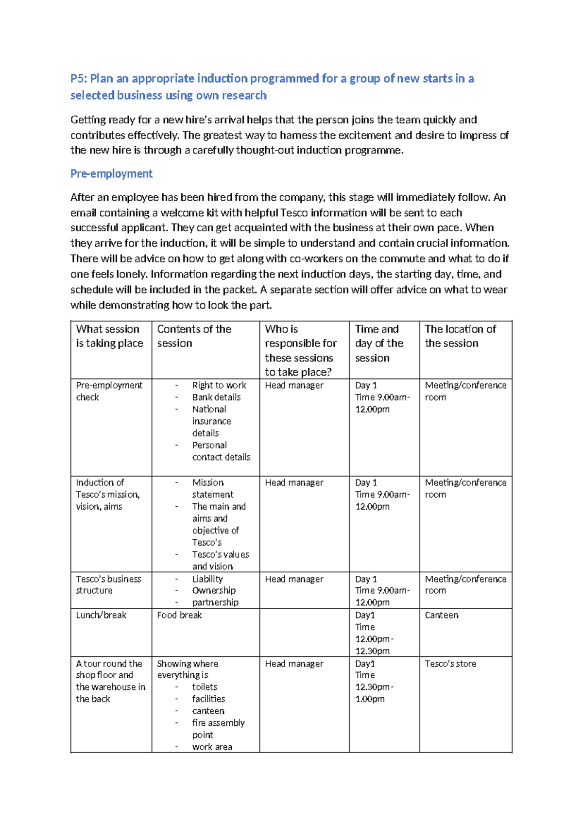 Unit 21 P5 M3 D3 Induction Program Plan and Assessment at Tesco - Studocu