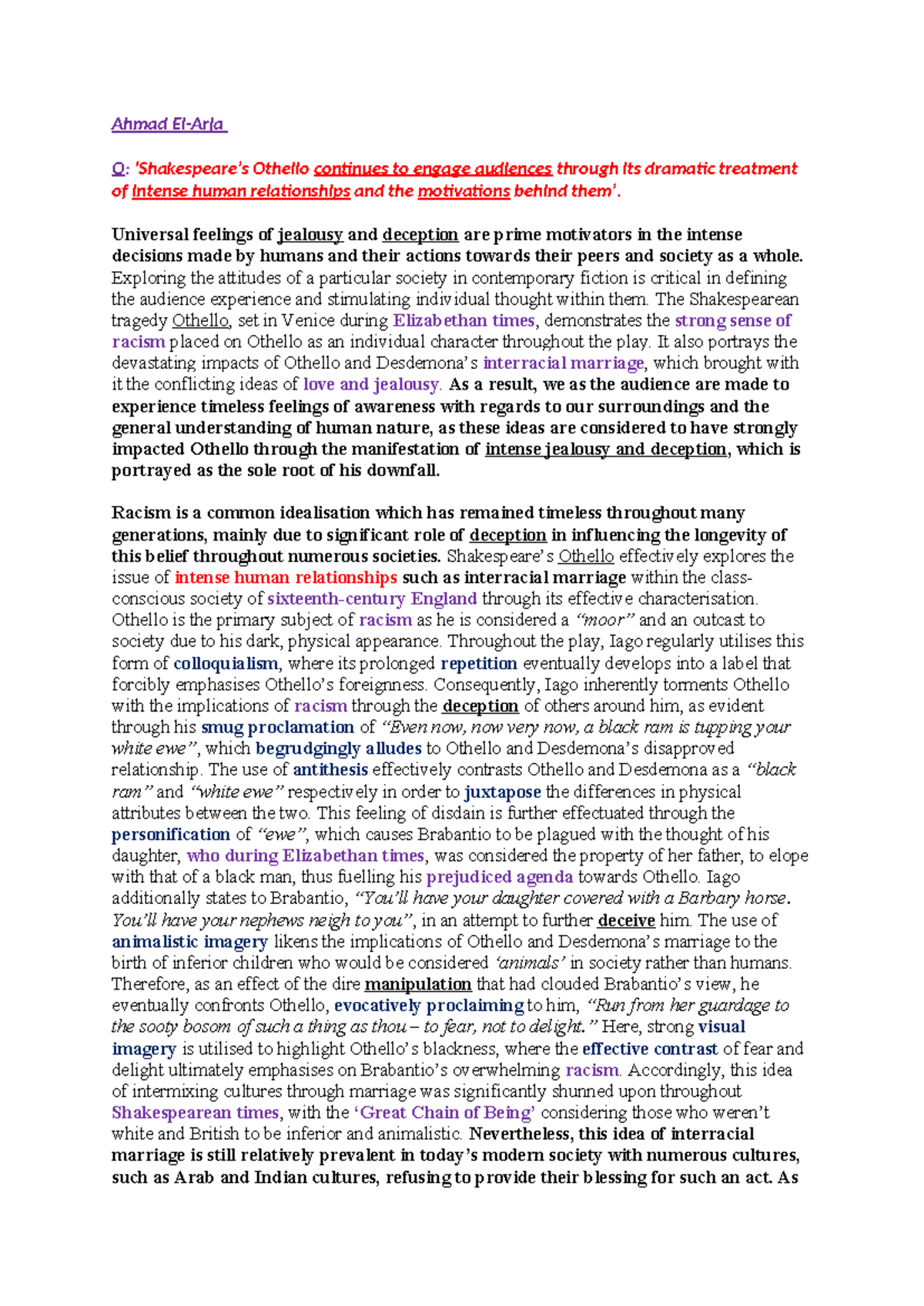 Othello Essay (ENG 101): Exploring Jealousy and Deception in Human ...
