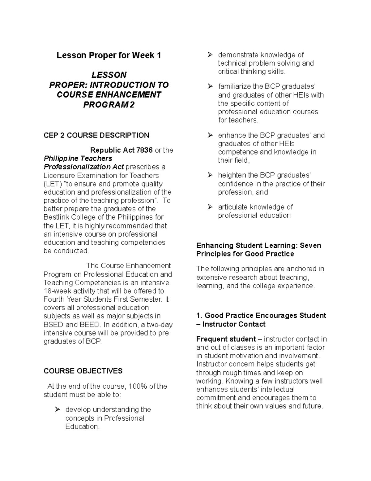 Week 1 - CEP reviewer - Lesson Proper for Week 1 LESSON PROPER ...