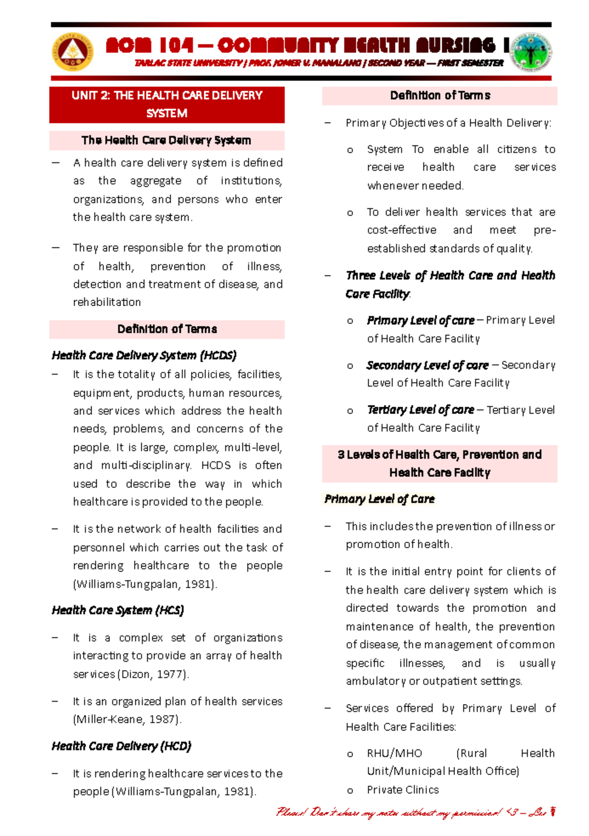 NCM 104 LEC CHN - Unit 2: Understanding the Health Care Delivery System ...