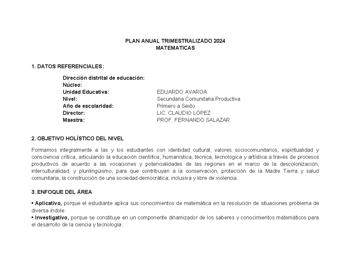 Plan Anual Trimester 2024 - Matemáticas 1ro - Edu. Avaroa - Studocu