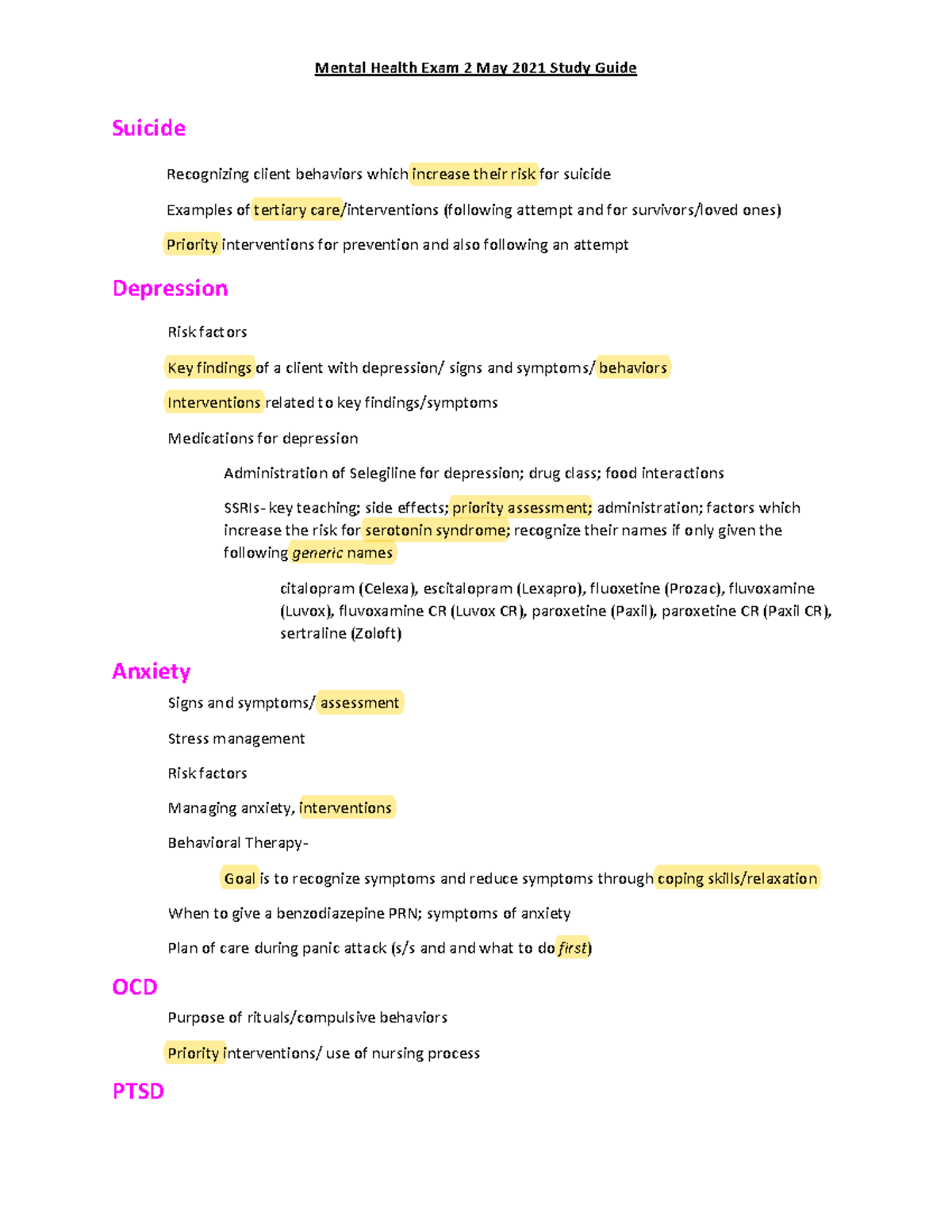 Mental Health Exam 2 May 2021 Study Guide - Suicide Recognizing client ...