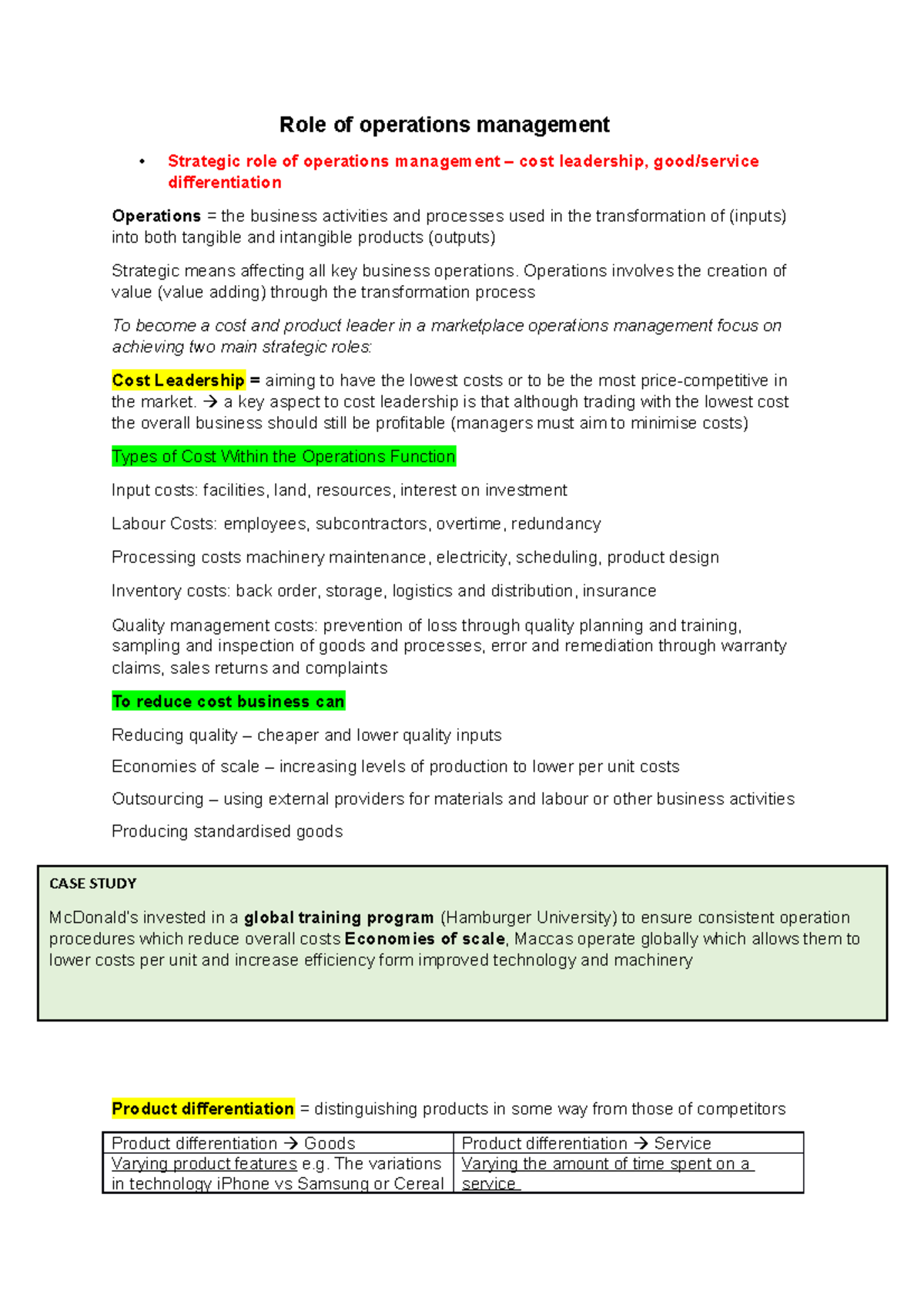 Final Summary of Operations Management – Business Studies YR 12 - Studocu