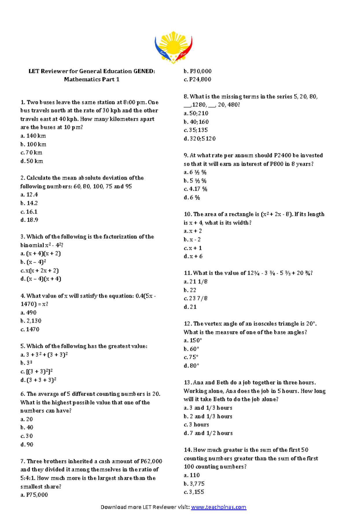 LET Reviewer for General Education GENED: Mathematics Concepts ...