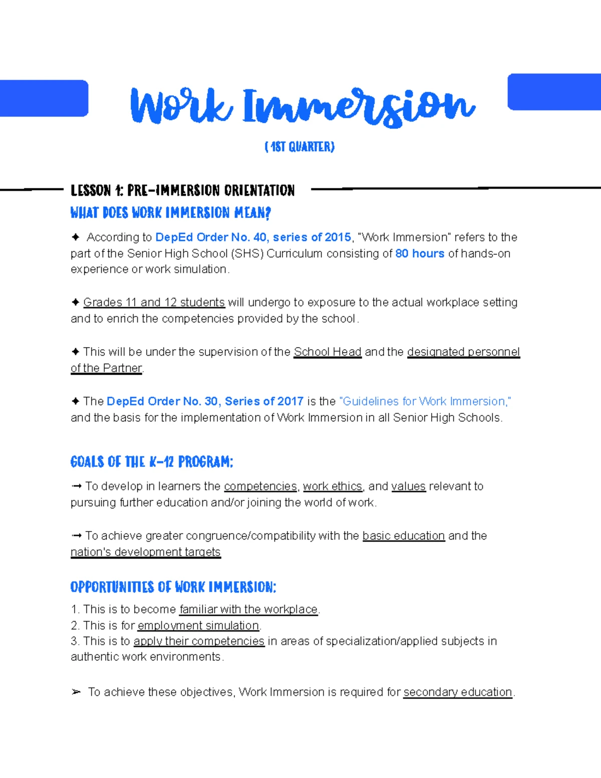 WORK Immersion Comprehensive Reviewer: Modules 1-5 Overview - Studocu