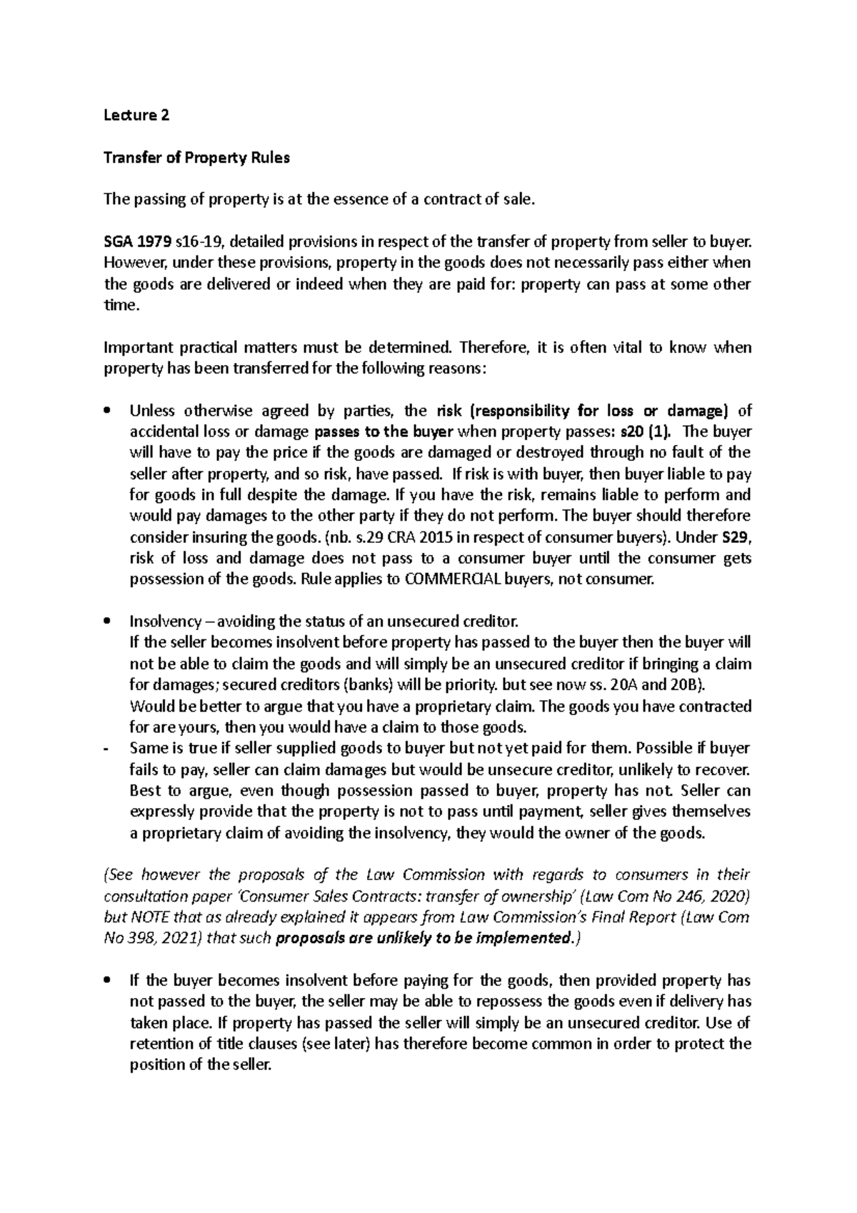 Commercial L2 - Lecture 2: Transfer of Property Rules Explained - Studocu