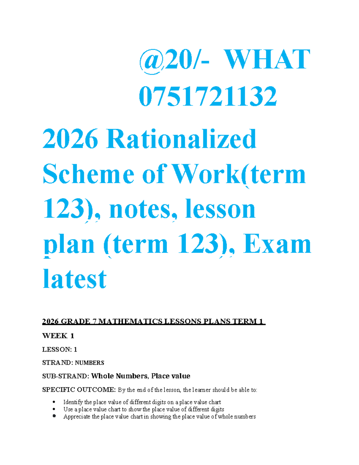 📕 2026 GR 7 Mathematics Lesson Plans TERM 1: Week 1 to Week 5 - Studocu
