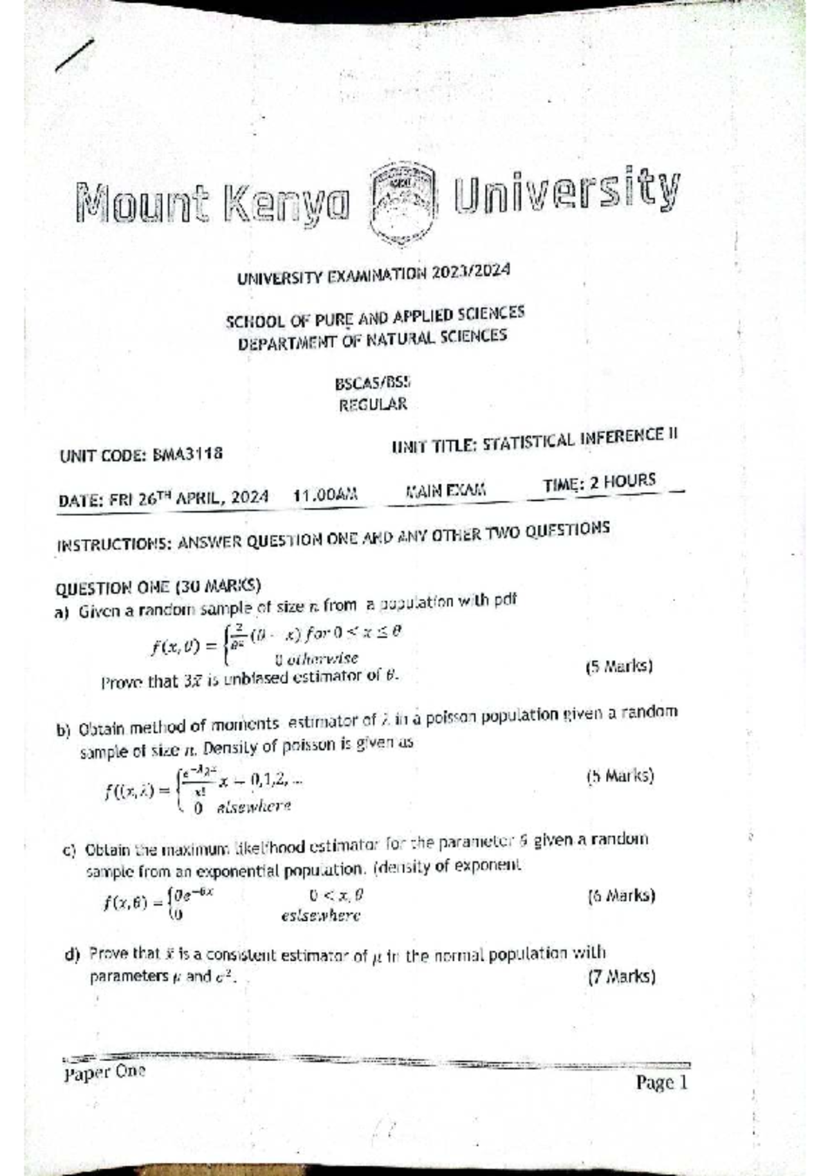 Statistical Inference II Exam Notes - BMA3118 - Studocu