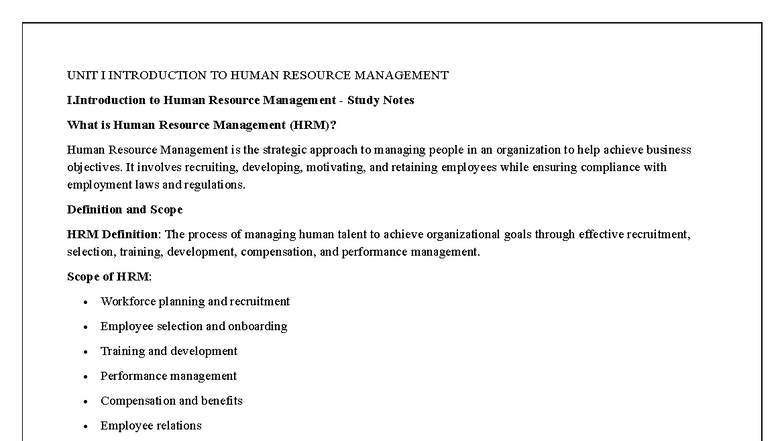 Unit I - Introduction to Human Resource Management Study Notes - Studocu