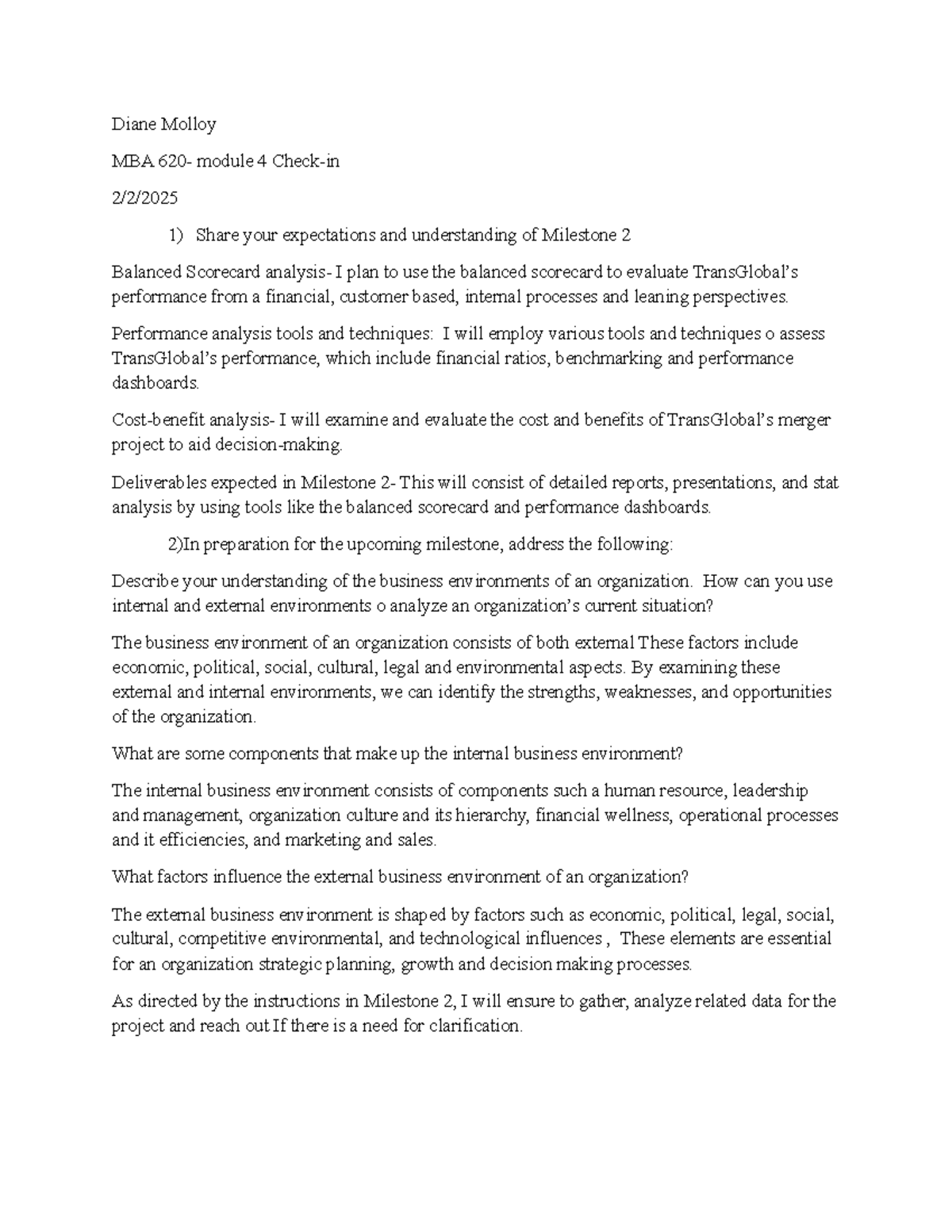 MBA 620 Module 4 Milestone 2: Balanced Scorecard Analysis - Studocu