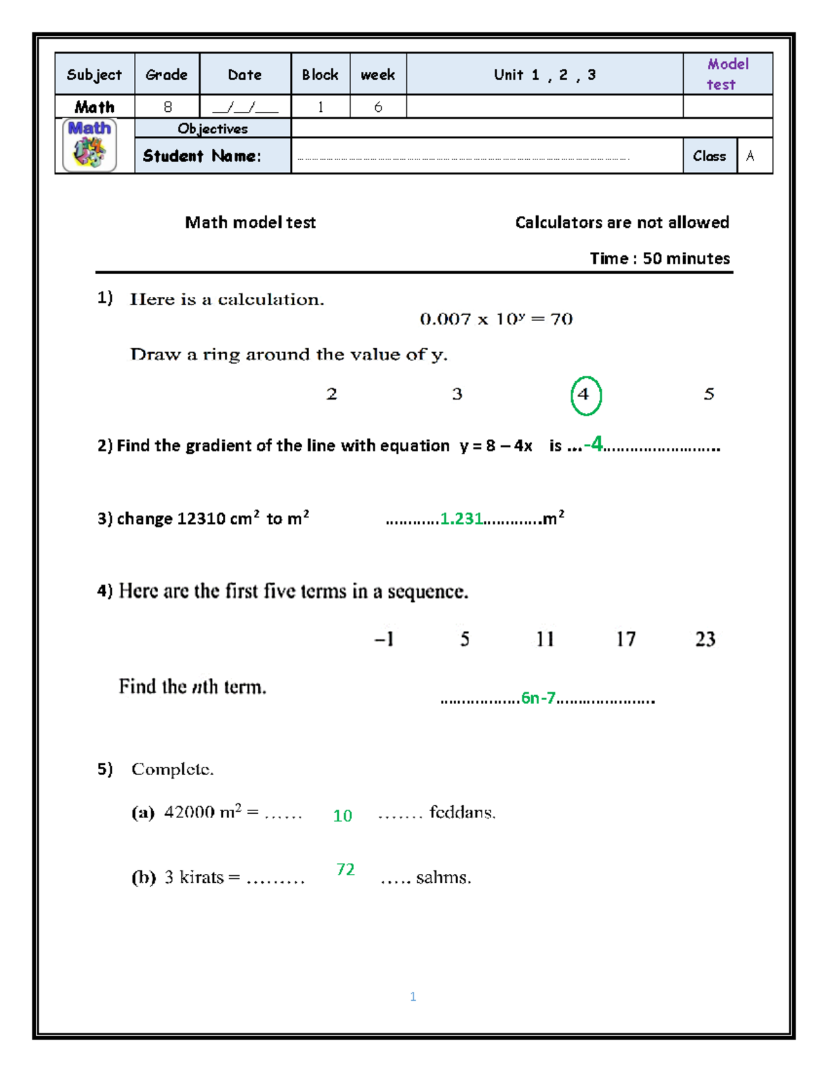 Math 8 Model Test Answers - Past Paper Questions and Solutions - Studocu