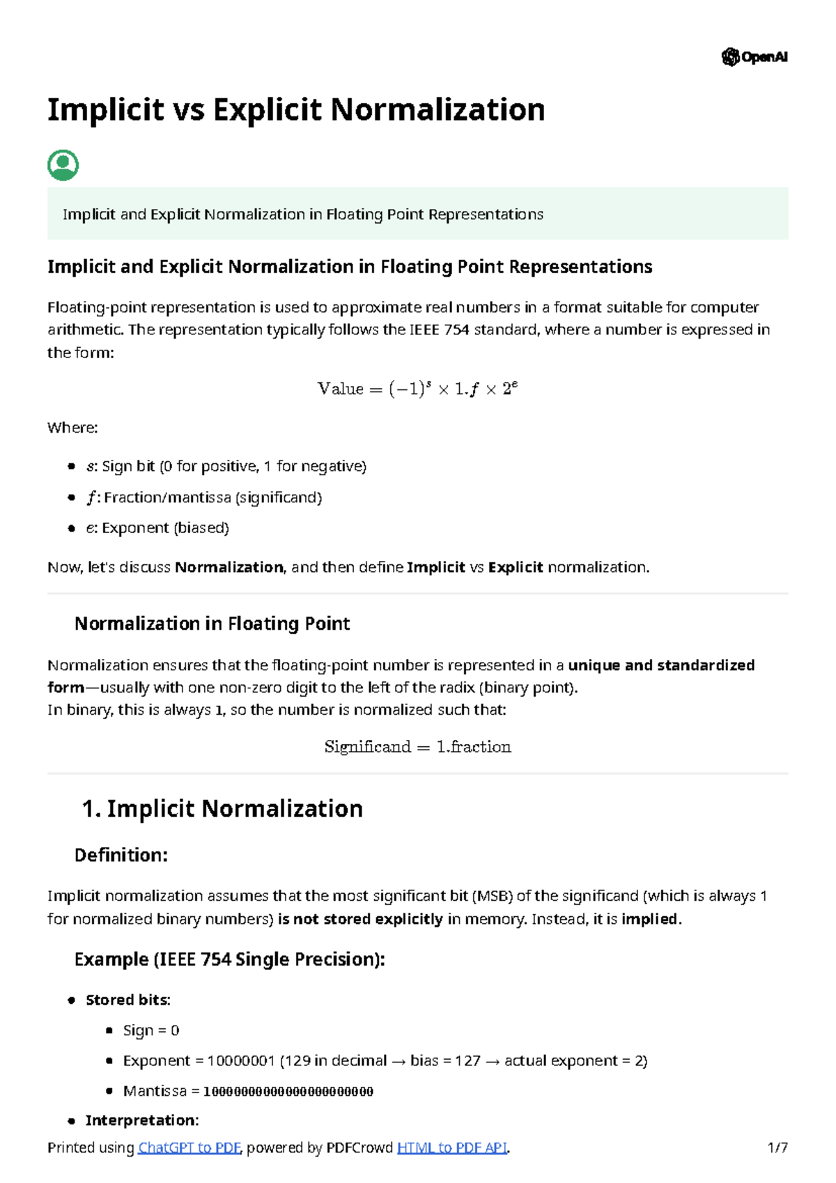 Implicit vs Explicit Normalization in Floating Point Representation ...