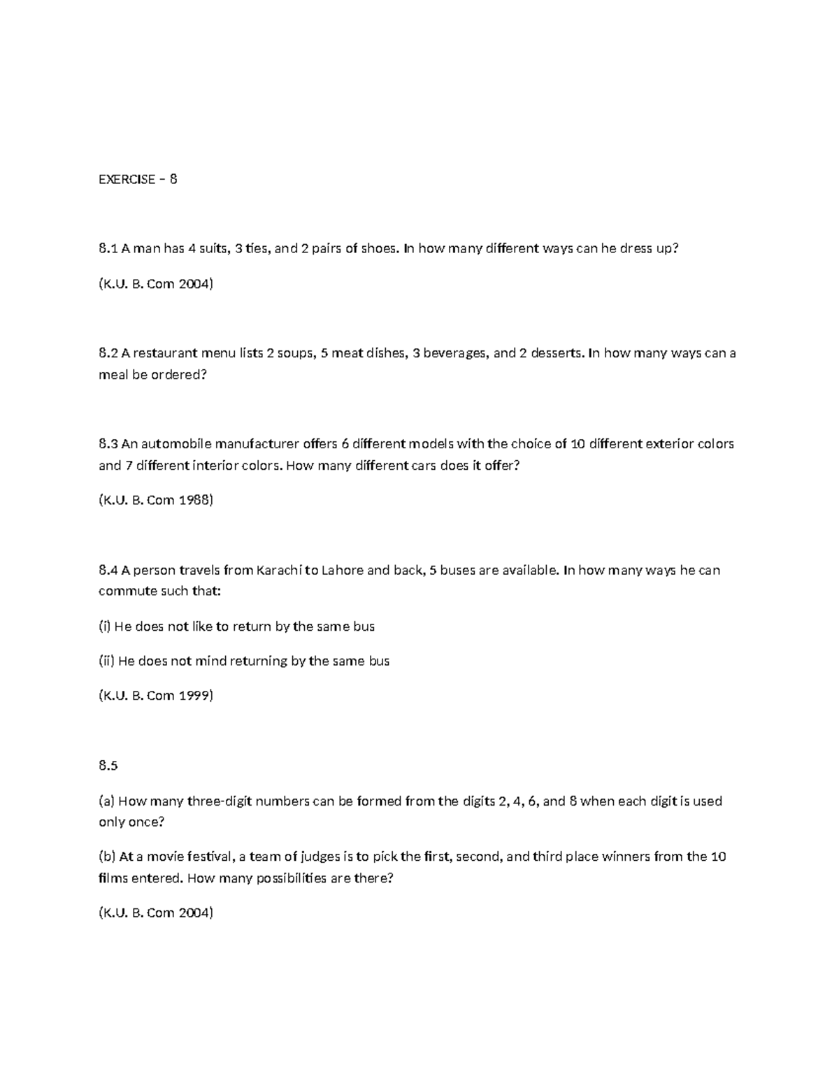 Stats Exercise Questions K. B. Com - Combinatorial Problems - Studocu