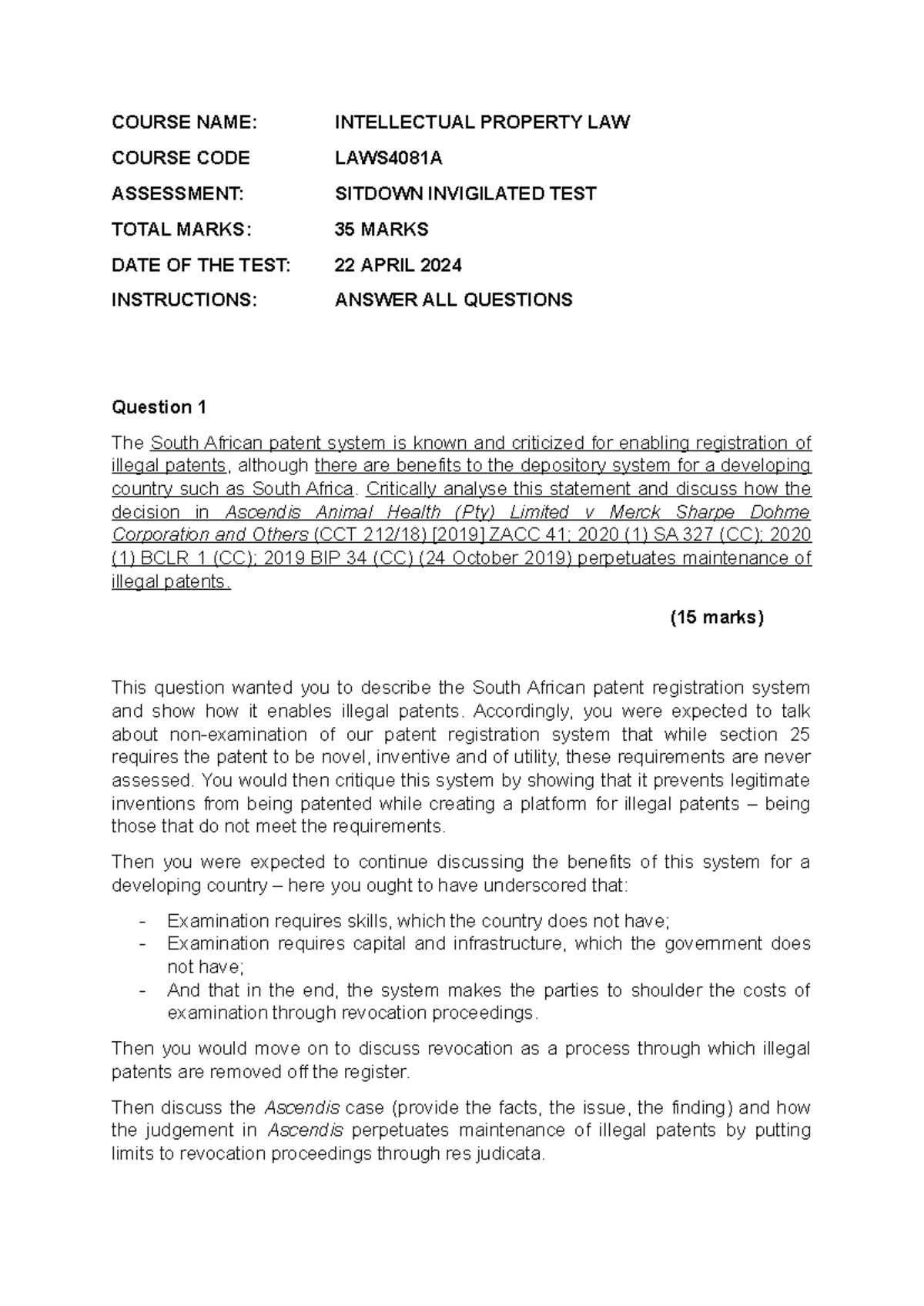 LAWS4081A: Intellectual Property Law Test Memo - 22 April 2024 - Studocu