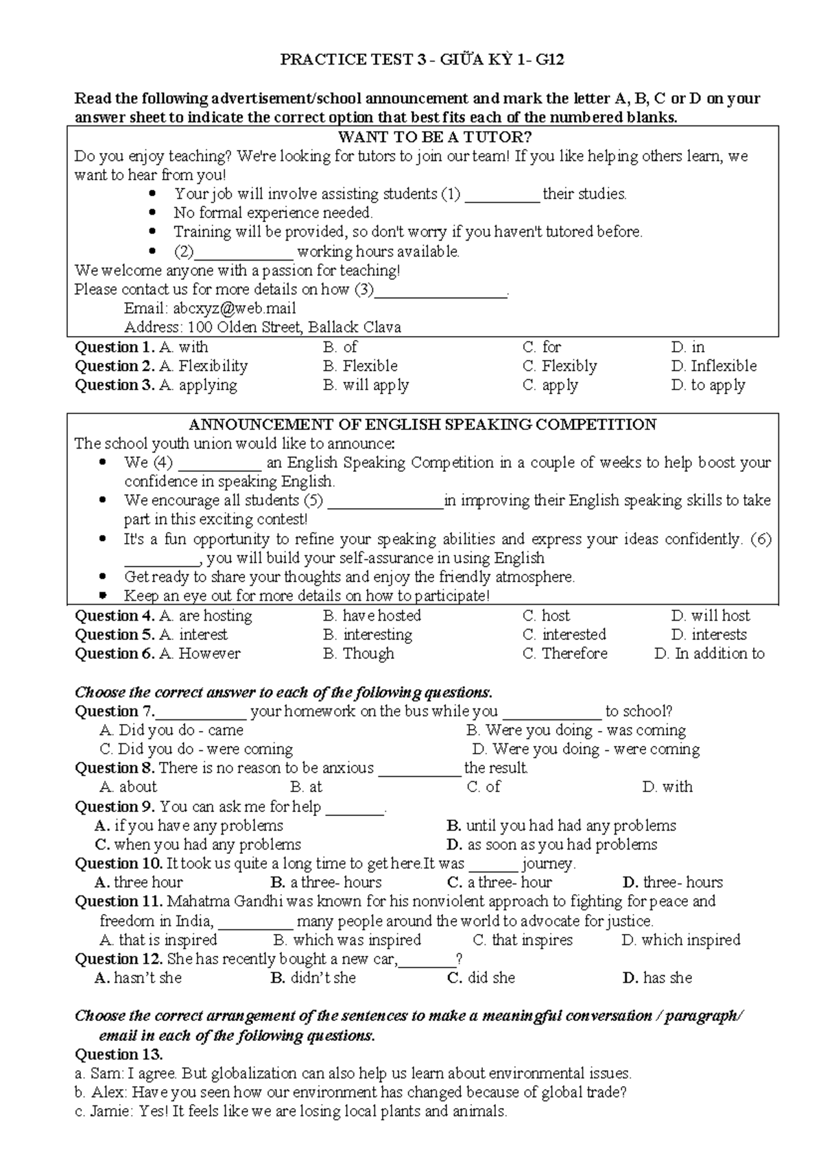 English Practice Test Grade 12 - Midterm Exam Preparation - Studocu