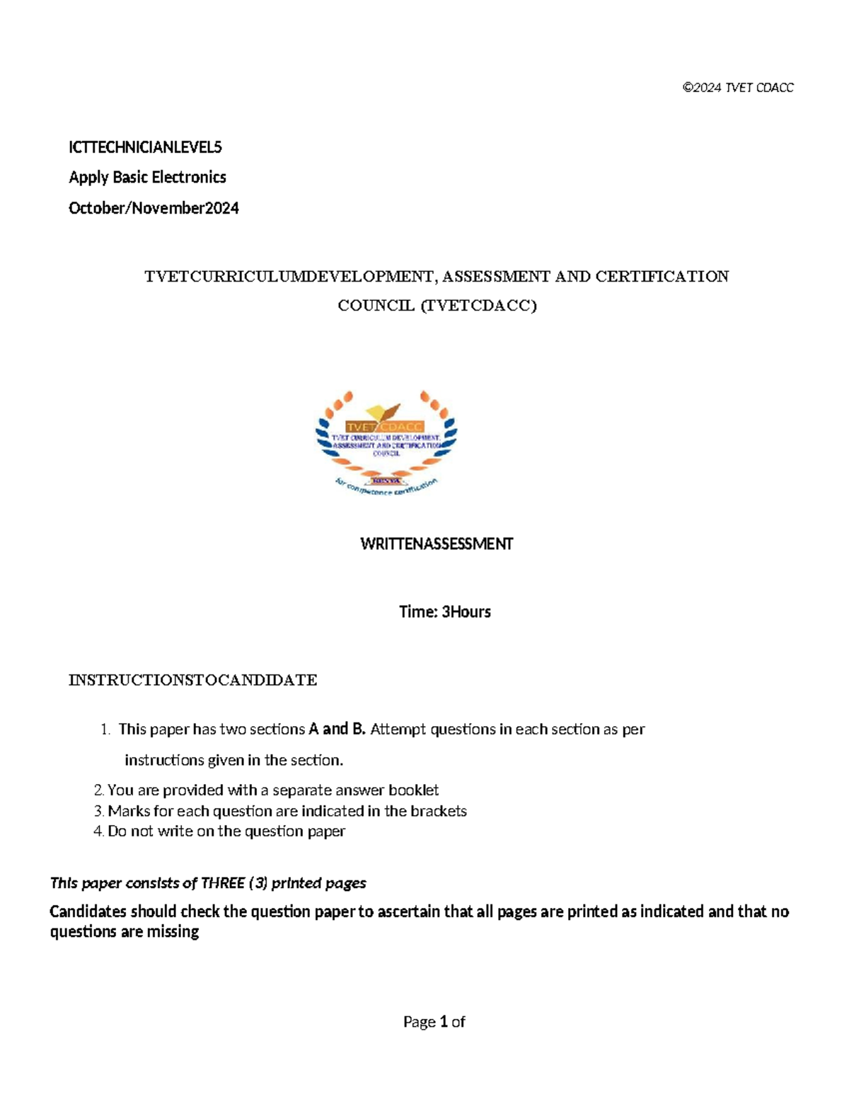 TVET CDACC ICT TECHNICIAN LEVEL 5 Basic Electronics CAT 2 Exam - Studocu