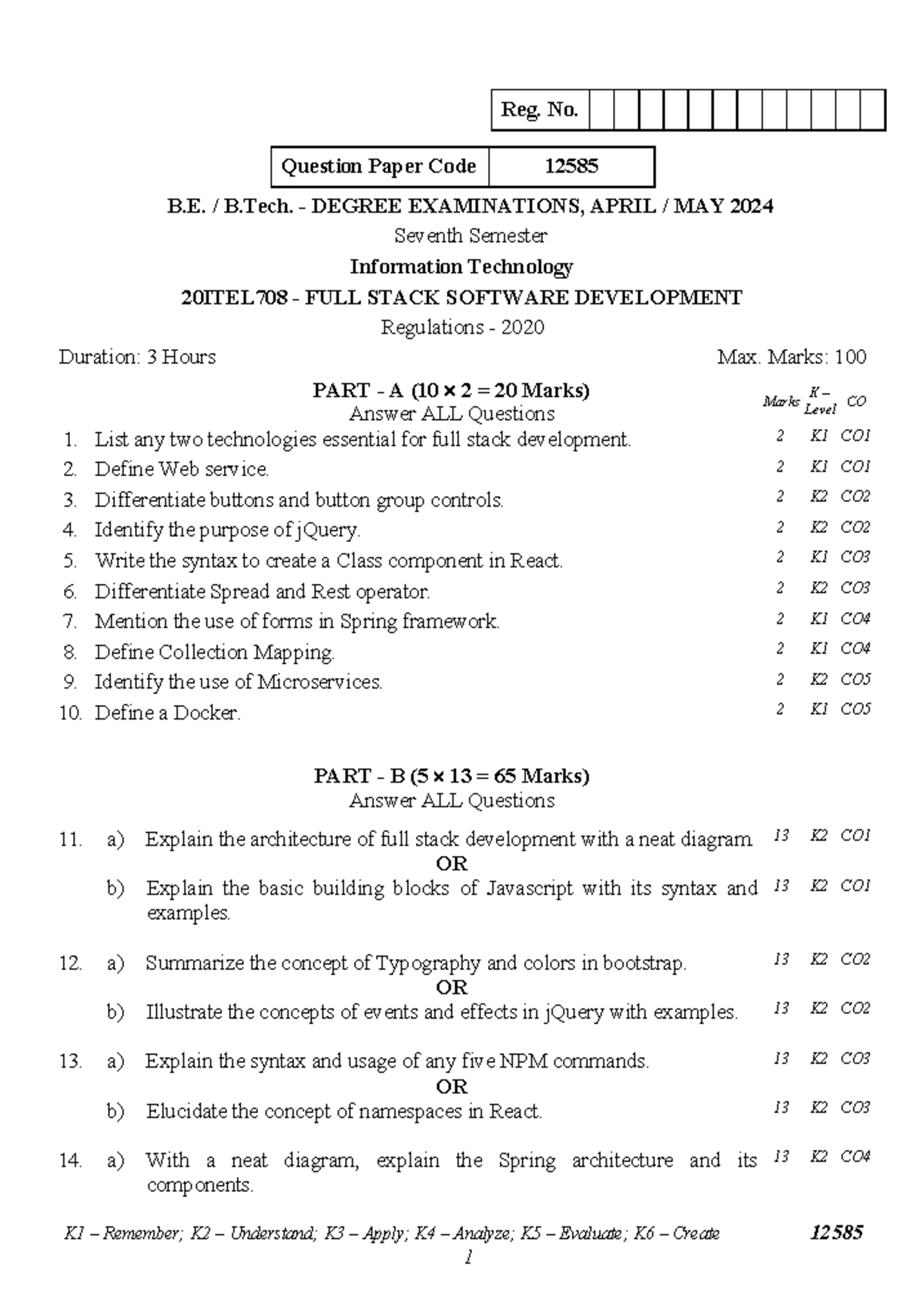 20ITEL708 Full Stack Software Development Question Paper - April 2024 ...