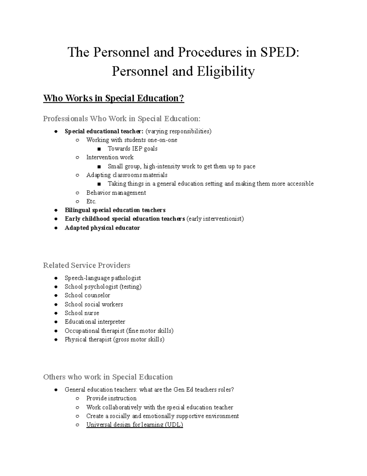 EDSP Final Exam Notes: Personnel and Procedures in SPED - Studocu