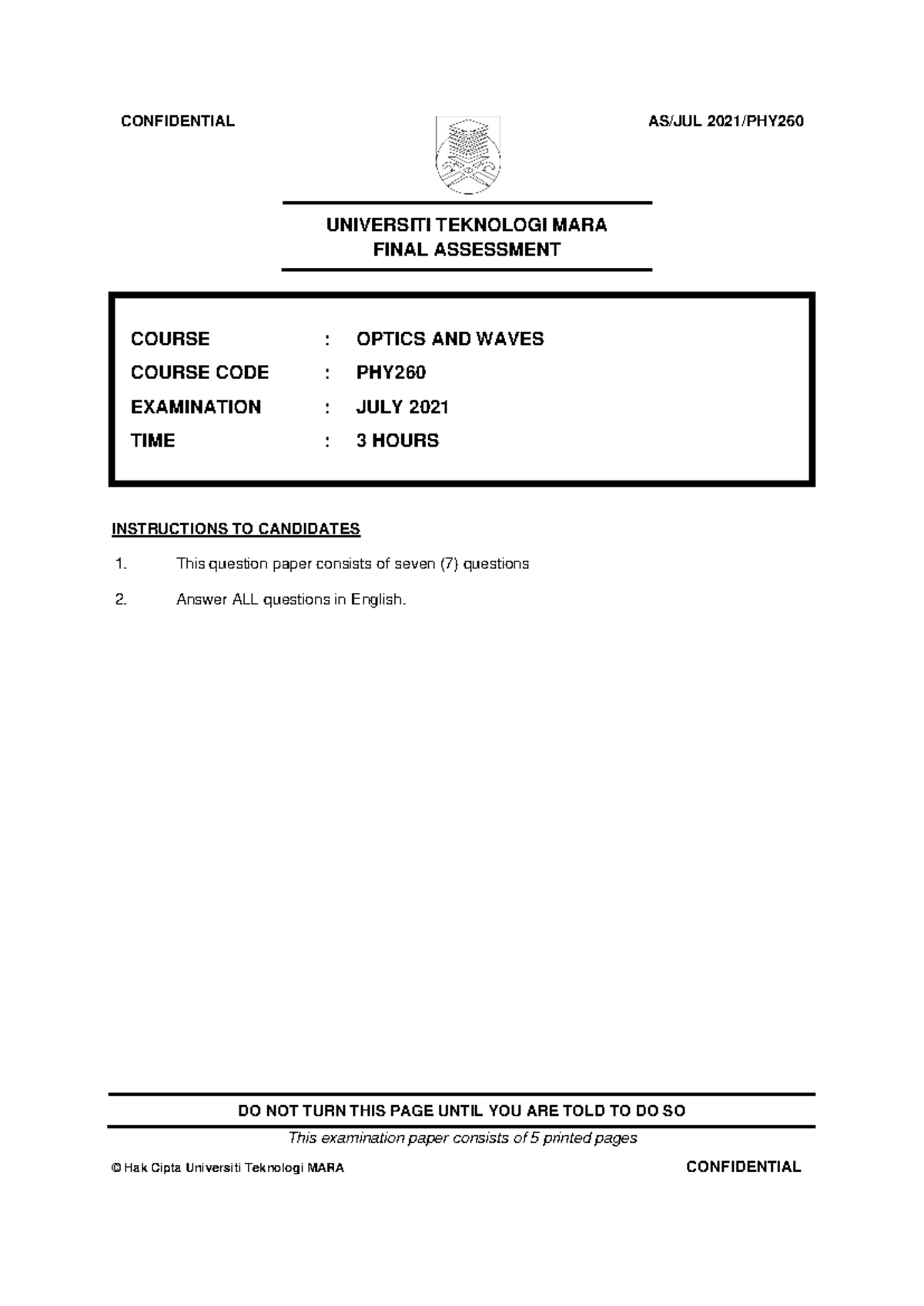 PHY260 FINAL EXAM PAST PAPER - OPTICS AND WAVES JULY 2021 - Studocu