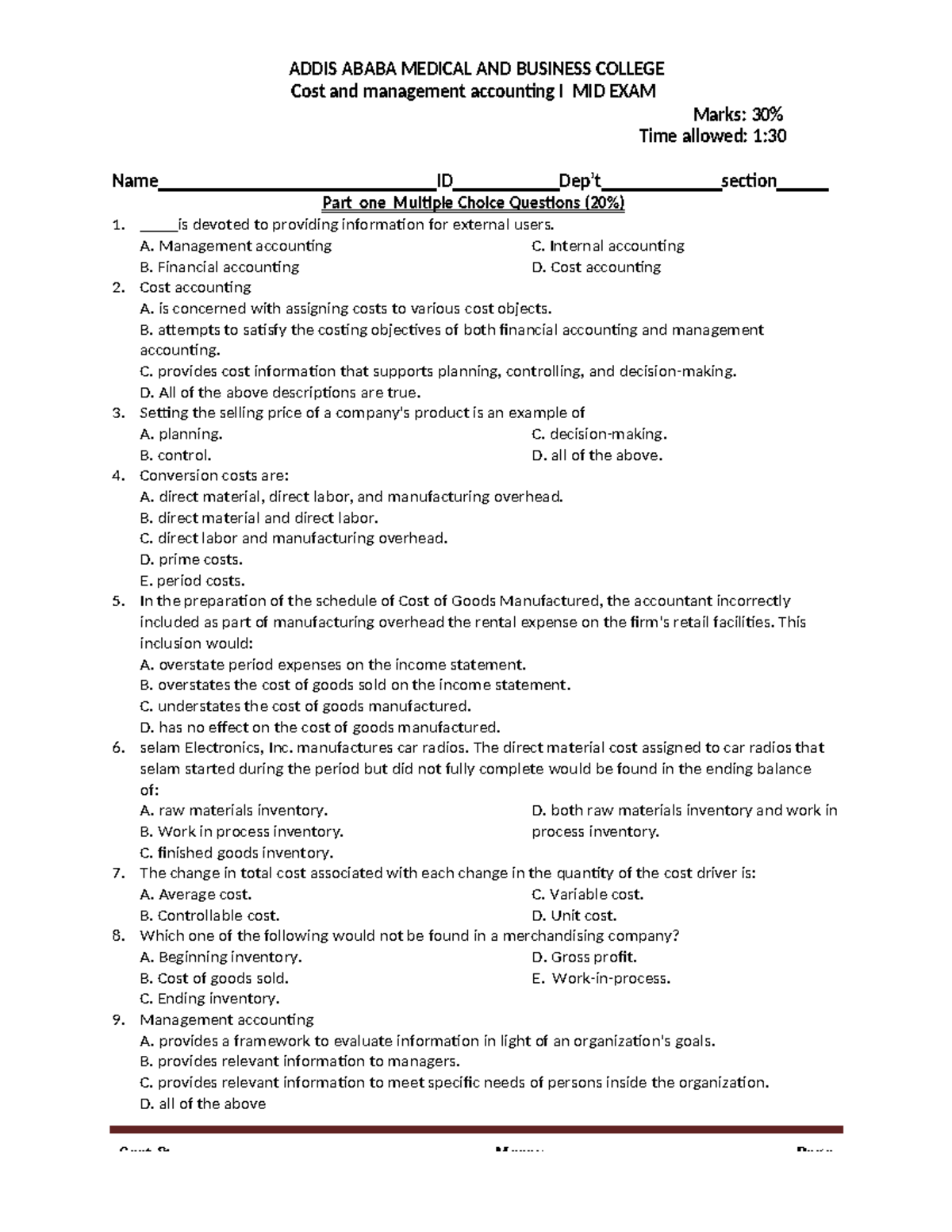Cost and Management Accounting I Mid Exam - Addis Ababa College - Studocu