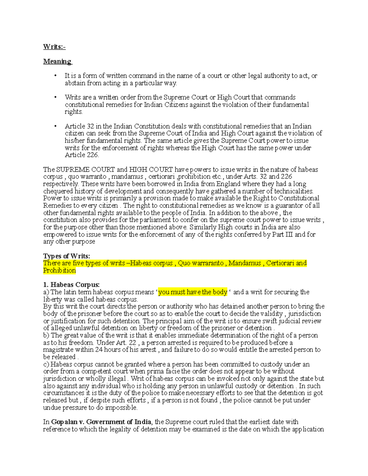 Writs-9th sem - Writs-9th sem - Writs:- Meaning It is a form of written ...