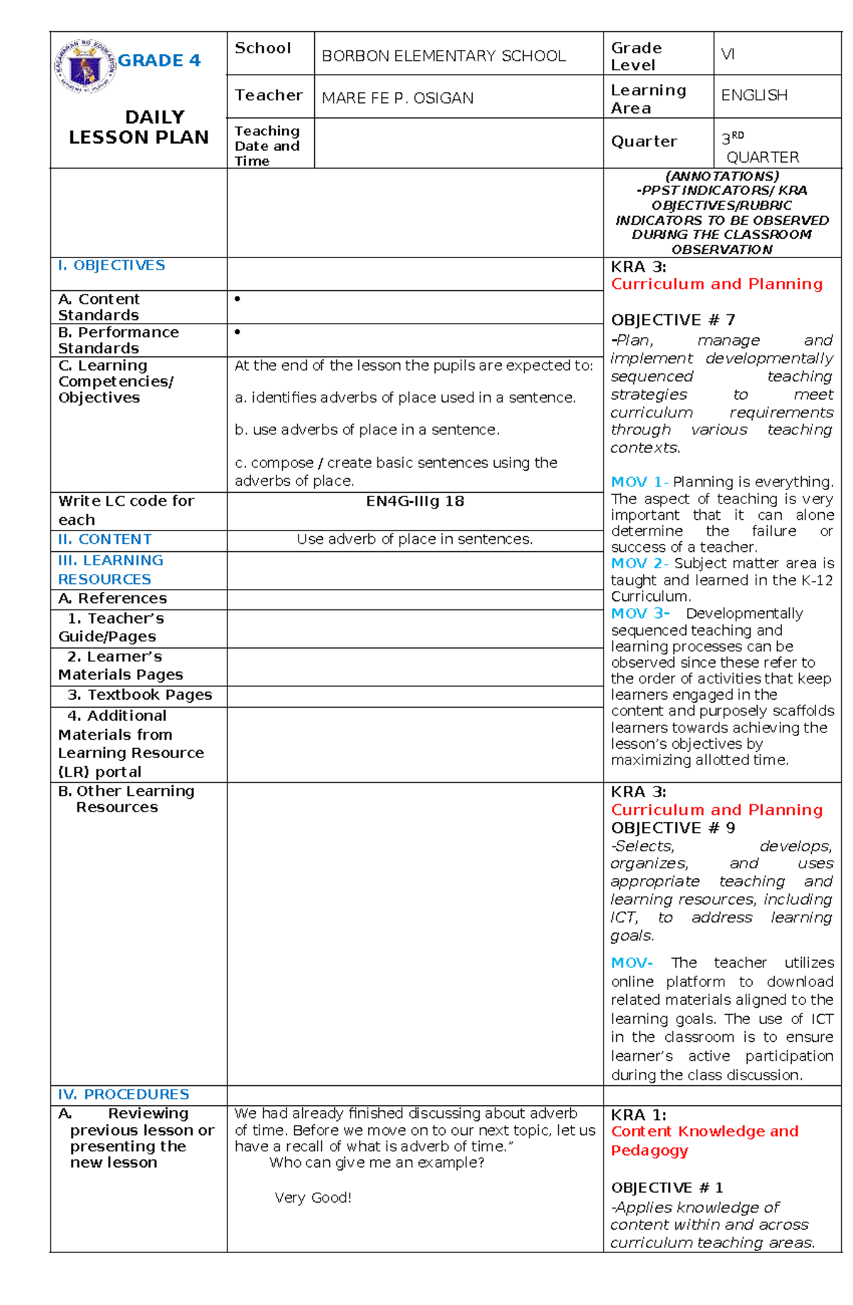 English-LP-Q3 - Comprehensive Lesson Plan for Grade 4 on Adverbs - Studocu