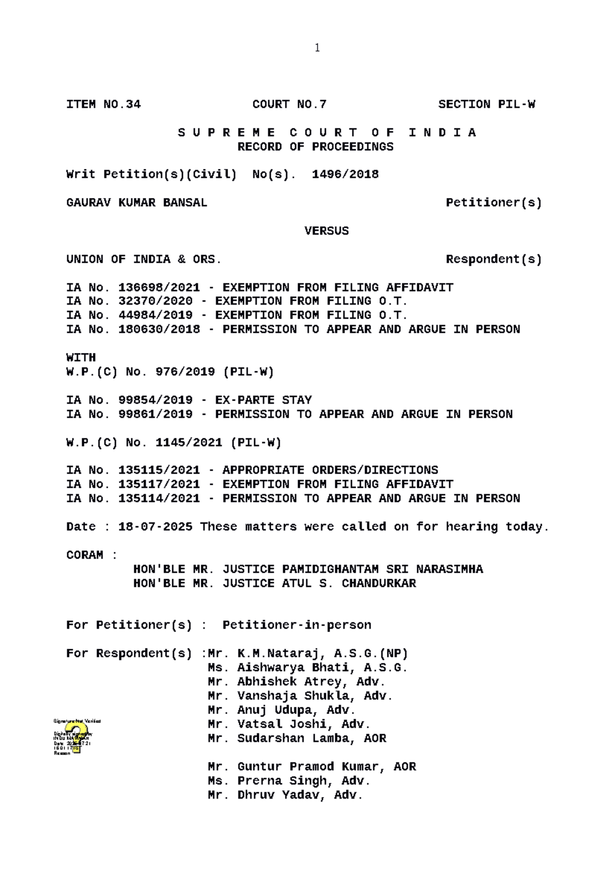 Landmark Judgements in Writ Petition (Civil) No. 34 of 2025 - Studocu