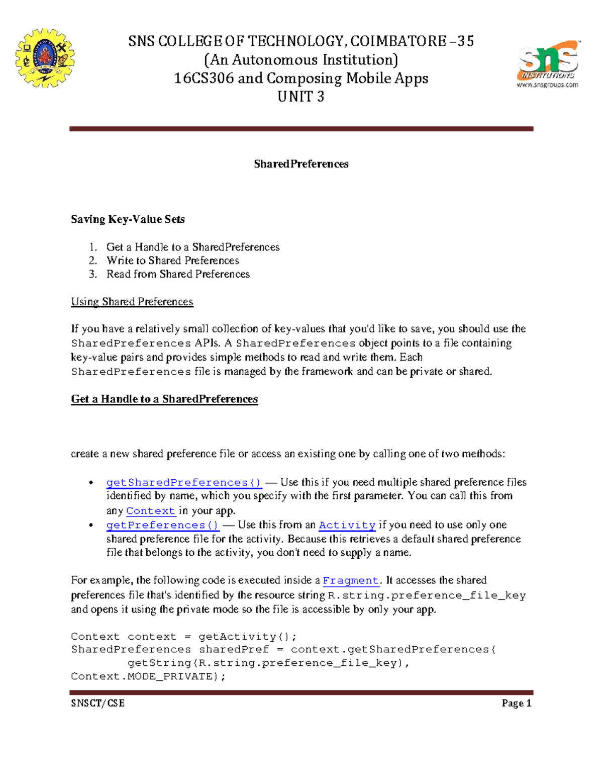 16CS306 Unit 3: Working with Shared Preferences in Mobile Apps - Studocu