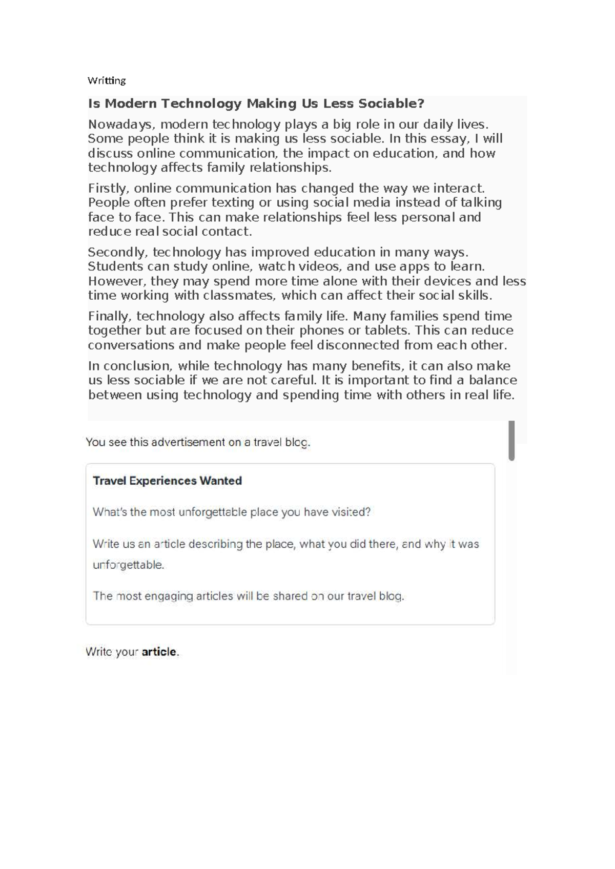 Essay Notes: Is Modern Technology Making Us Less Sociable? - Studocu