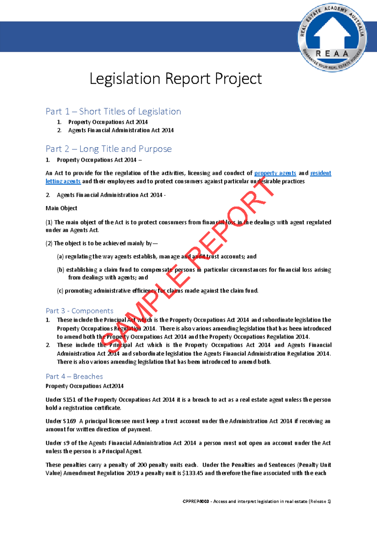 CPPREP 4003 - Sample Legislation Report on Property and Agent Laws ...