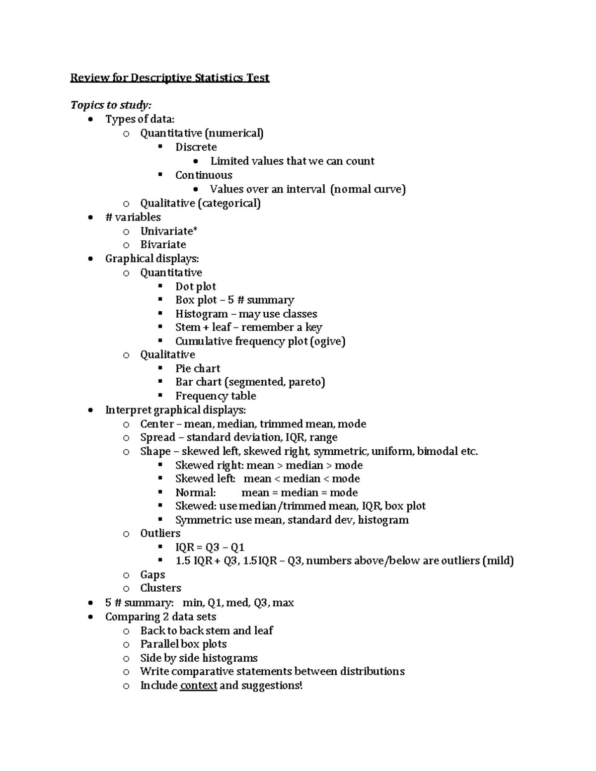 Topics to know for Descriptive Statistics Test - Review for Descriptive ...