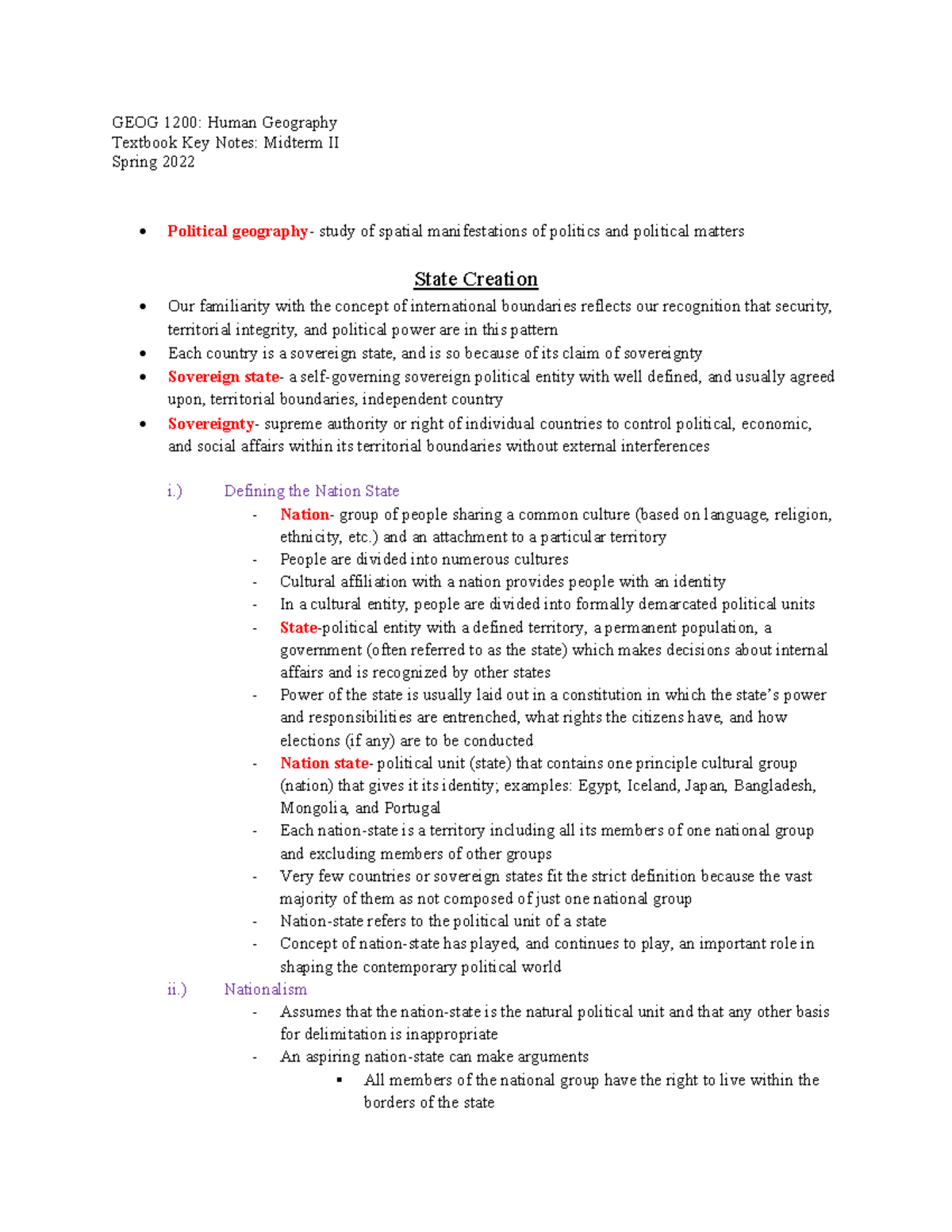 GEOG 1200-Midterm II Notes: Key Concepts in Human Geography - Studocu