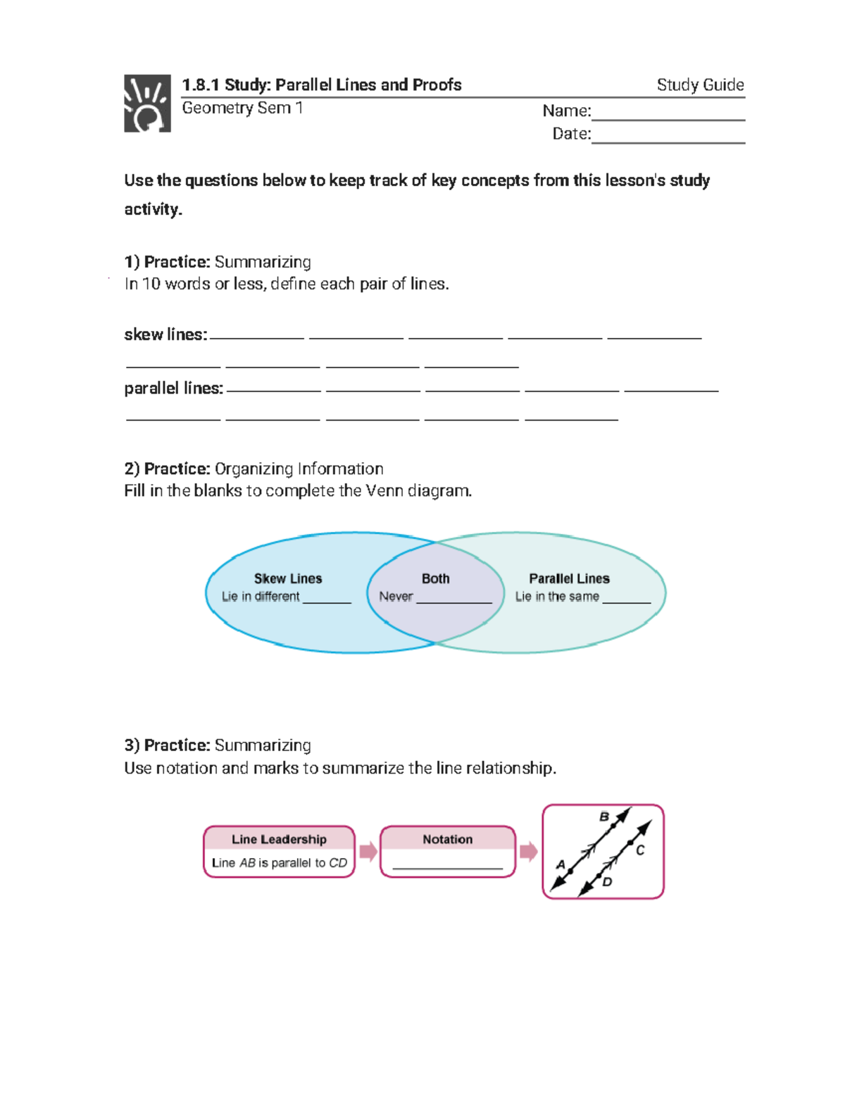 1.8.1 Study - Parallel Lines and Proofs - 1.8 Study: Parallel Lines and ...